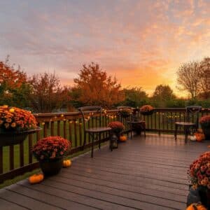 beautiful wood deck at sunset during autumn with fall flowers and decor