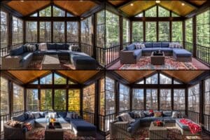 Cozy screened porch enclosure during spring, summer, autumn, winter with border. Four seasons sun room collage.