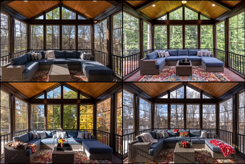 Cozy screened porch enclosure during spring, summer, autumn, winter with border. Four seasons sun room collage.